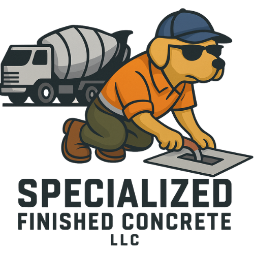 Cool dog mascot smoothing concrete with cement mixer in background