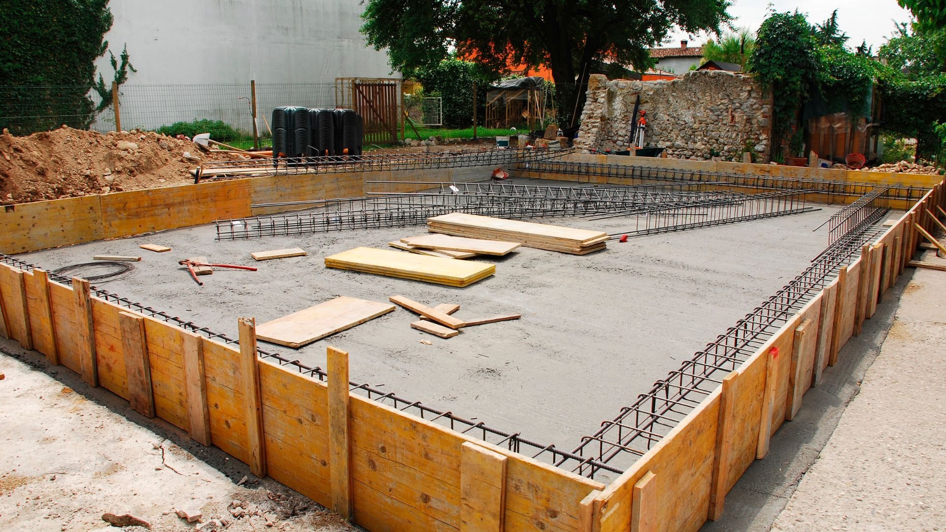 Construction site with foundation prepared for concrete pouring