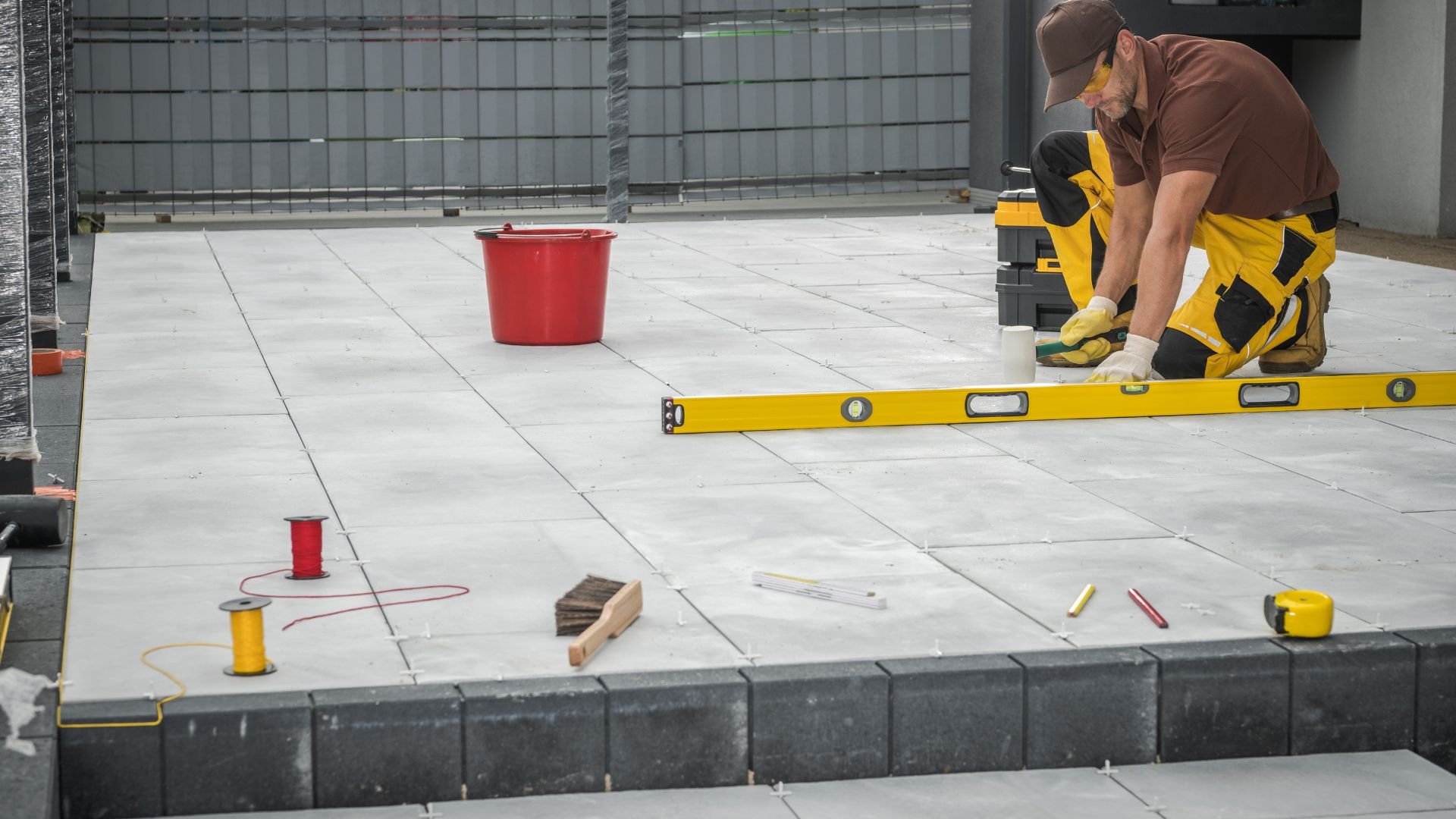 Construction worker using level to check floor tile alignment